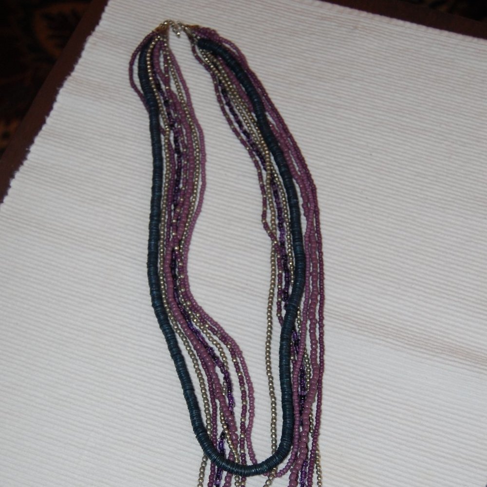 SEED BEAD Necklace  8 Strand , Blue, Mauve, Silver, Brown 17 1/2 " Long